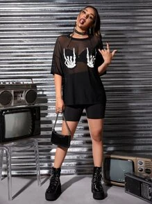 ROMWE PUNK Top estampado de esqueleto de malla transparente sin sujetador - Negro - Ver 3