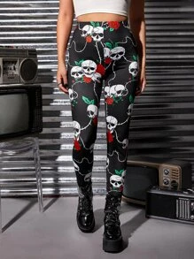 ROMWE PUNK Skull & Floral Print Leggings - Black - View 2