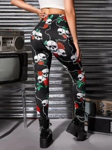 ROMWE PUNK Skull & Floral Print Leggings - Black - View 4