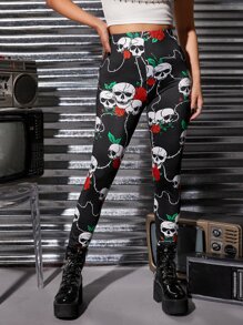 ROMWE PUNK Skull & Floral Print Leggings - Black - View 3
