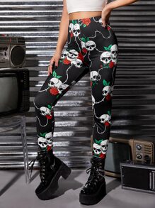 ROMWE PUNK Skull & Floral Print Leggings - Black - View 5