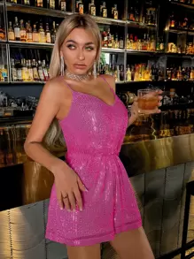 Double Crazy Sequin Cami Romper - Hot Pink - View 1