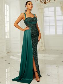 Missord Kleid mit Kontrast-Pailletten, seitlichem Schlitz bis zum Oberschenkel, Cami-Stil, elegant, Abendmode für feierliche Anlässe, Hochzeitsgast, Abschlussball, Dinner