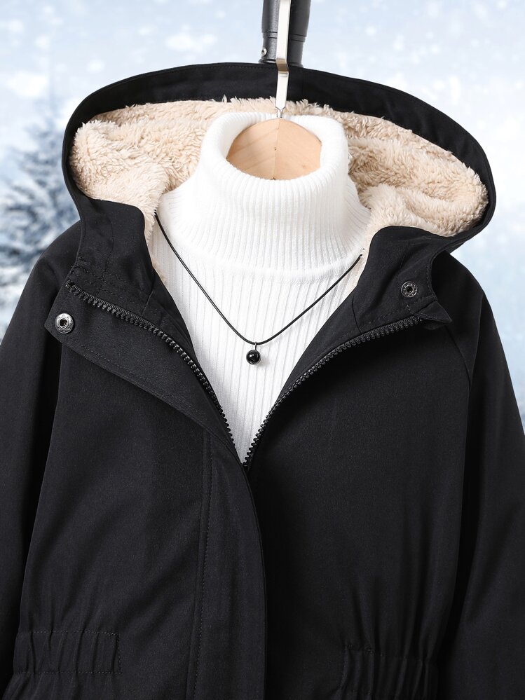 SHEIN Chaqueta Con Capucha Con Revestimiento Térmico Para Niña Pre-adolescente Sin Suéter - Negro - Añade 6