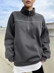 DAZY 半开襟落肩超大码运动衫，秋装 - 灰色 - 查看 6