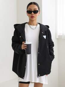 DAZY Letter Patched Drawstring Hooded Coat - Black - View 3