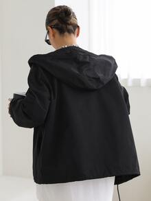DAZY Letter Patched Drawstring Hooded Coat - Black - View 2