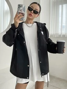 DAZY Letter Patched Drawstring Hooded Coat - Black - View 8