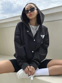 DAZY Letter Patched Drawstring Hooded Coat - Black - View 5