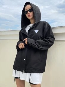 DAZY Letter Patched Drawstring Hooded Coat - Black - View 6