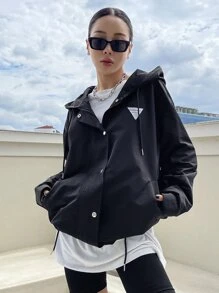 DAZY Letter Patched Drawstring Hooded Coat - Black - View 7