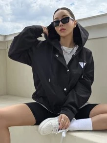 DAZY Letter Patched Drawstring Hooded Coat - Black - View 1