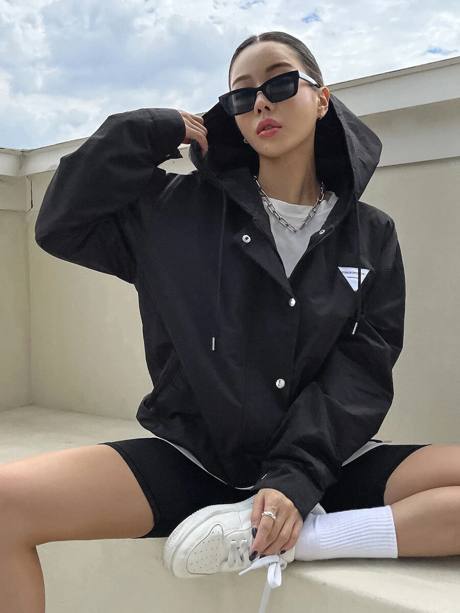 DAZY Letter Patched Drawstring Hooded Coat - Black - View 1