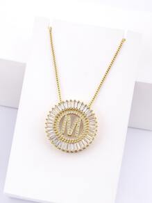 1入組字母細節方晶鋯石圓形吊飾項鍊 - 金黃色 - 查看 7