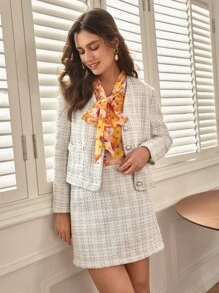 SHEIN Frenchy High Waist Plaid Pattern Tweed Skirt - White - View 1