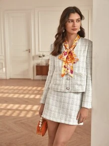 SHEIN Frenchy High Waist Plaid Pattern Tweed Skirt - White - View 8