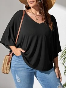 SHEIN LUNE Plus Solid Batwing Sleeve Tee - Black - View 1