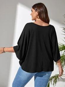 SHEIN LUNE Plus Solid Batwing Sleeve Tee - Black - View 2