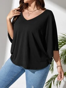 SHEIN LUNE Plus Solid Batwing Sleeve Tee - Black - View 3