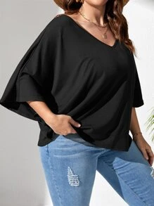 SHEIN LUNE Plus Solid Batwing Sleeve Tee - Black - View 4