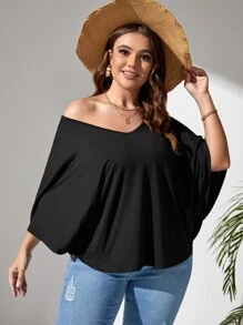 SHEIN LUNE Plus Solid Batwing Sleeve Tee - Black - View 5