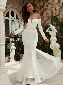 Missord Robe de soirée de promo style queue de sirène à épaules dénudées avec sequins, blanche, à manches longues, élégante, formelle, pour mariage, dîner et remise de diplôme - Blanc - Voir 1