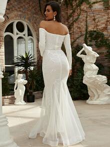 Missord Robe de soirée de promo style queue de sirène à épaules dénudées avec sequins, blanche, à manches longues, élégante, formelle, pour mariage, dîner et remise de diplôme - Blanc - Voir 2