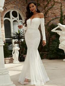 Missord Robe de soirée de promo style queue de sirène à épaules dénudées avec sequins, blanche, à manches longues, élégante, formelle, pour mariage, dîner et remise de diplôme - Blanc - Voir 3