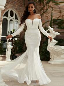 Missord Robe de soirée de promo style queue de sirène à épaules dénudées avec sequins, blanche, à manches longues, élégante, formelle, pour mariage, dîner et remise de diplôme - Blanc - Voir 5