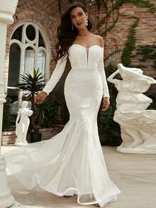 Missord Robe de soirée de promo style queue de sirène à épaules dénudées avec sequins, blanche, à manches longues, élégante, formelle, pour mariage, dîner et remise de diplôme - Blanc - Voir 7