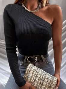 RueChic Ribbed One Shoulder Jumper - Black - View 1