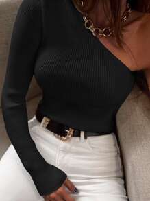 RueChic Ribbed One Shoulder Jumper - Black - View 3
