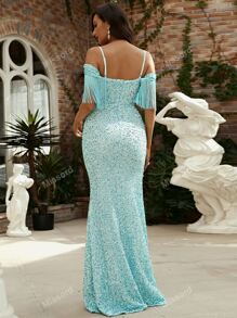 Missord Cold Shoulder Fringe Trim Split Thigh Sequin Prom Dress