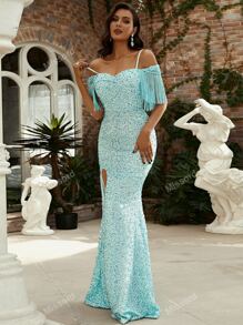 Missord Cold Shoulder Fringe Trim Split Thigh Sequin Prom Dress