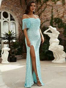 Missord Cold Shoulder Fringe Trim Split Thigh Sequin Prom Dress