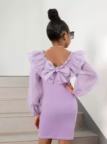 SHEIN Leap Crew Vestido Para Niña Con Mangas Estilo Linterna, Con Detalles De Volantes Y Lazo En La Parte Trasera - Lila Púrpura - Ver 1
