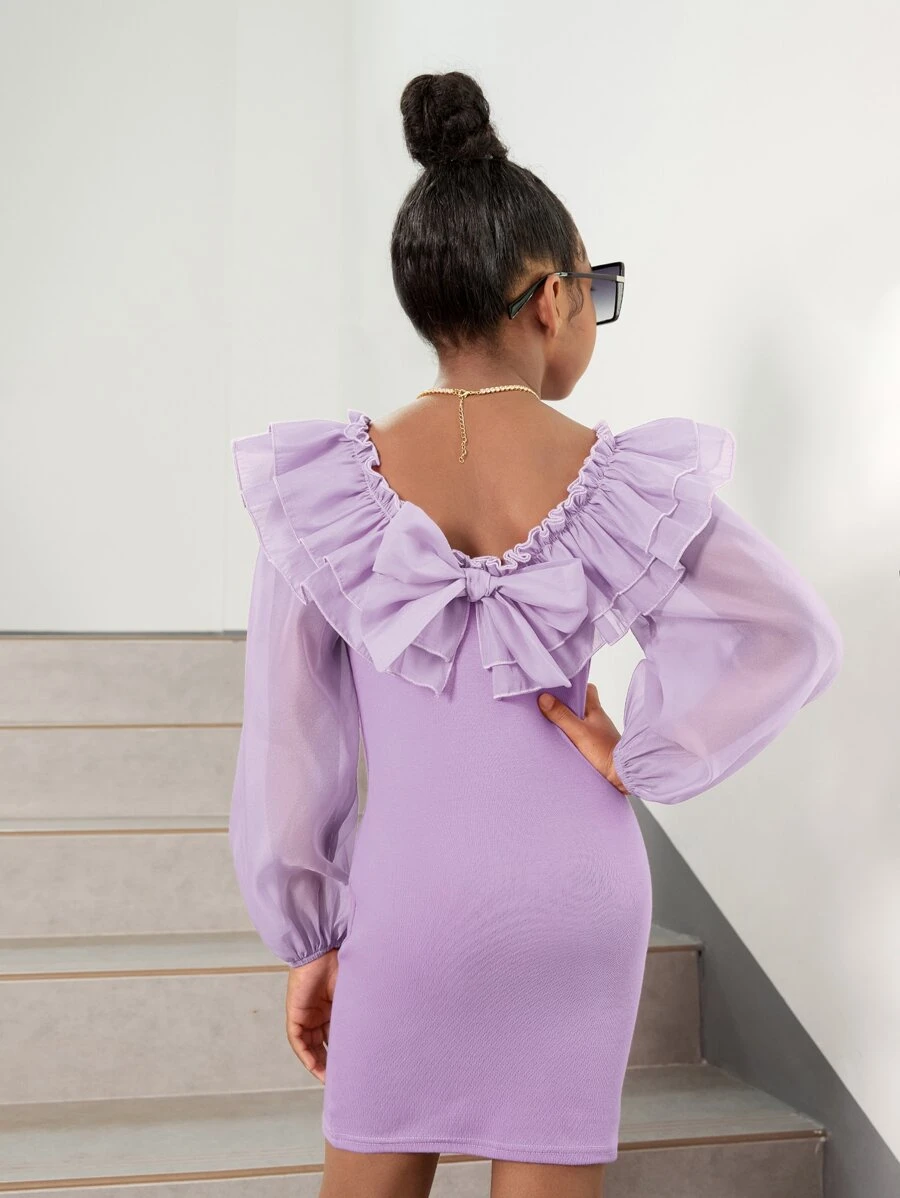 SHEIN Leap Crew Vestido Para Niña Con Mangas Estilo Linterna, Con Detalles De Volantes Y Lazo En La Parte Trasera - Lila Púrpura - Ver 1