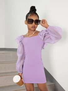 SHEIN Leap Crew Vestido Para Niña Con Mangas Estilo Linterna, Con Detalles De Volantes Y Lazo En La Parte Trasera - Lila Púrpura - Ver 2