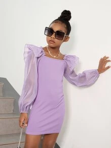 SHEIN Leap Crew Vestido Para Niña Con Mangas Estilo Linterna, Con Detalles De Volantes Y Lazo En La Parte Trasera - Lila Púrpura - Ver 3