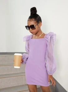 SHEIN Leap Crew Vestido Para Niña Con Mangas Estilo Linterna, Con Detalles De Volantes Y Lazo En La Parte Trasera - Lila Púrpura - Ver 5