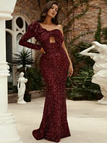 Missord 單肩荷葉邊褶邊鏤空亮片舞會連衣裙 - 紫紅色 - 查看 1