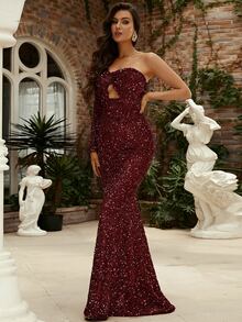 Missord 單肩荷葉邊褶邊鏤空亮片舞會連衣裙 - 紫紅色 - 查看 3