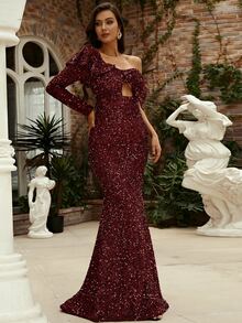 Missord 單肩荷葉邊褶邊鏤空亮片舞會連衣裙 - 紫紅色 - 查看 4