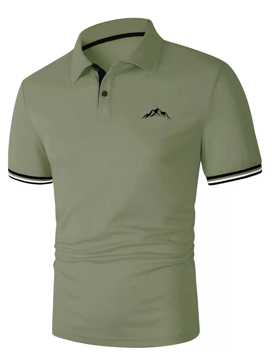 Manfinity Homme Men Mountain Print Contrast Trim Polo Shirt - Army Green - View 1