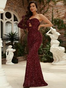 Missord 單肩荷葉邊褶邊鏤空亮片舞會連衣裙 - 紫紅色 - 查看 6