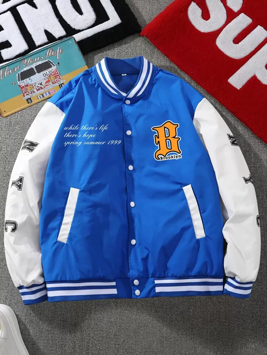 Aesthetic Post Men Colourblock Slogan Graphic Varsity Jacket - Blue - View 1
