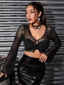 ROMWE PUNK Lettuce Trim Flounce Sleeve Crop Mesh Top Without Bra - Black - View 1