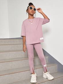 SHEIN Girls Patched Detail Drop Shoulder Tee & Slit Hem Trousers - Dusty Purple - View 1