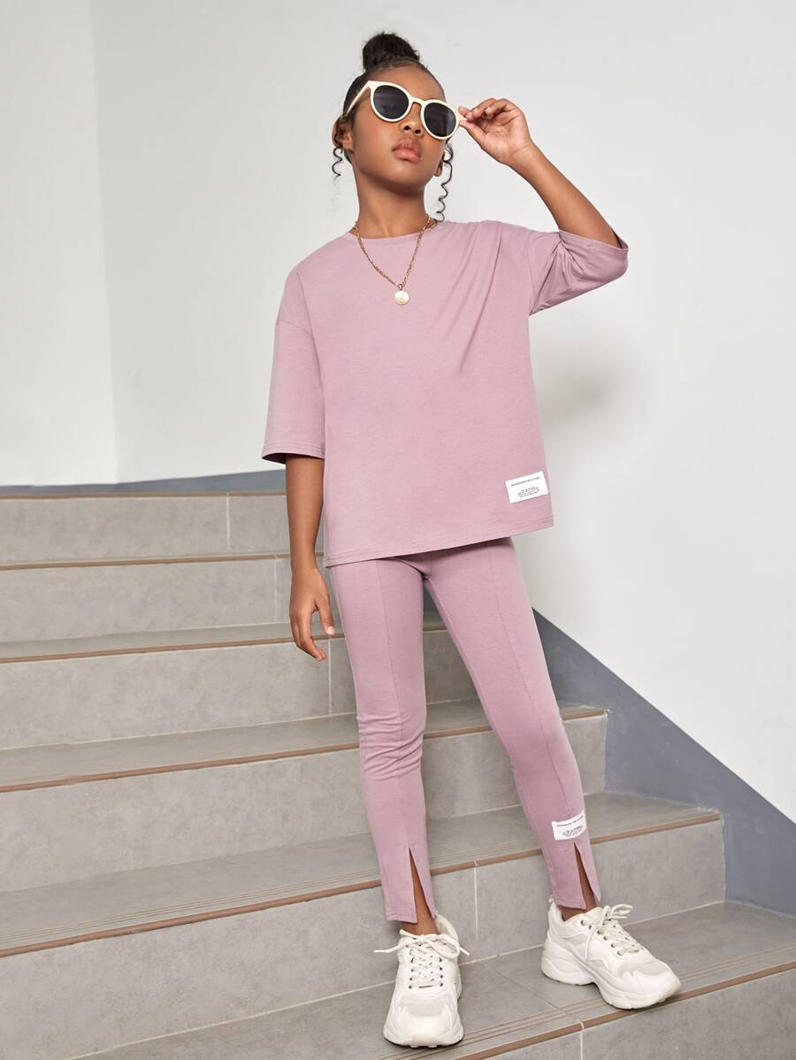 SHEIN Girls Patched Detail Drop Shoulder Tee & Slit Hem Trousers - Dusty Purple - View 1