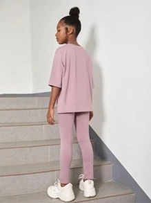 SHEIN Girls Patched Detail Drop Shoulder Tee & Slit Hem Trousers - Dusty Purple - View 2